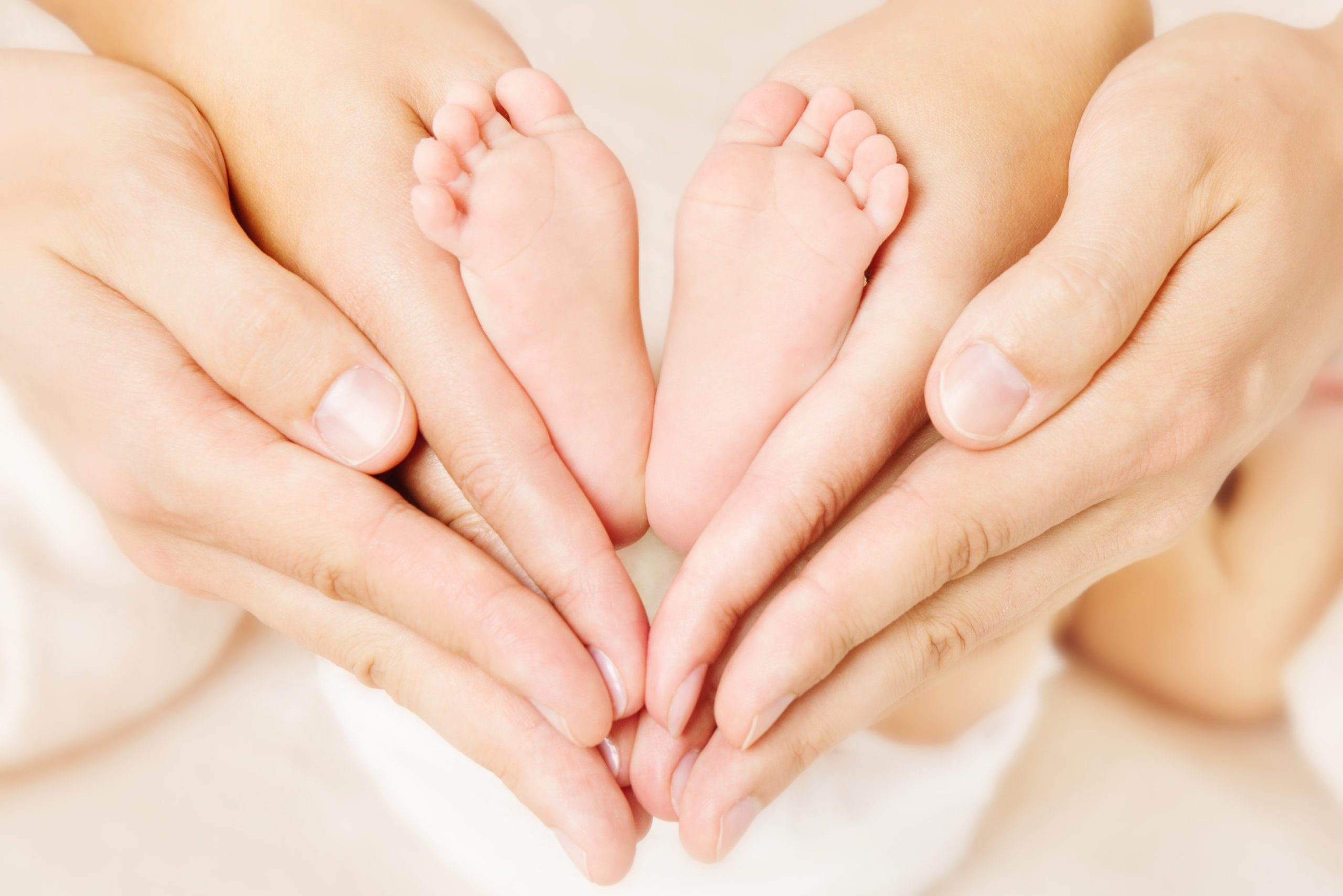 Newborn baby feet parents holding in hands. Love simbol as heart sign.